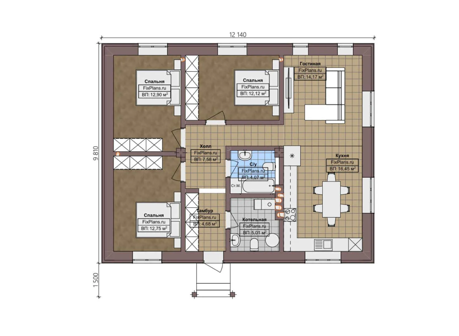F-1547 - План одноэтажного дома 10 на 13, площадью 90 м² с 3 спальнями