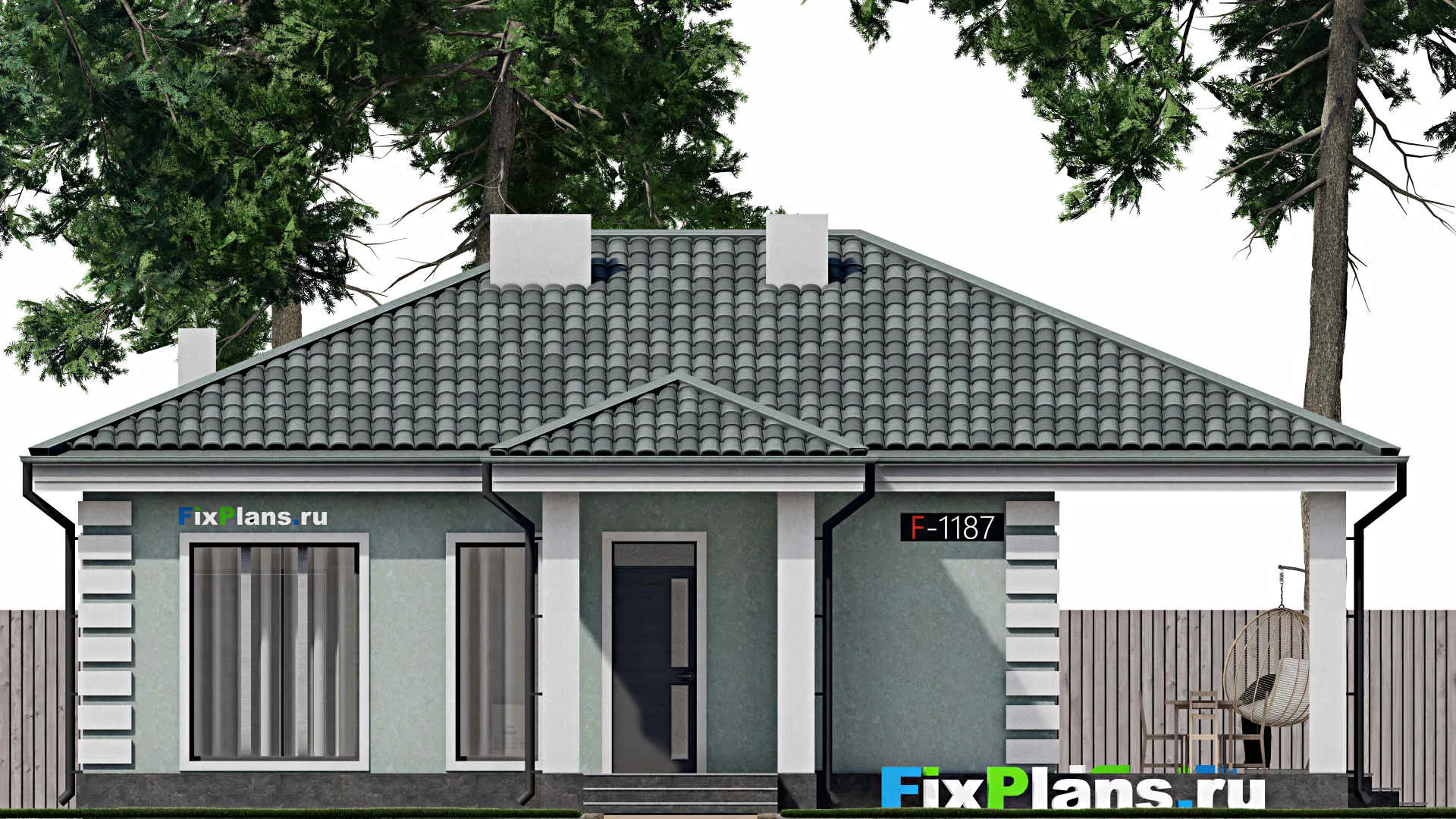 F-1187 - Проект одноэтажного дома 10 на 10, площадью 120 м² с террасой и 3 спальнями