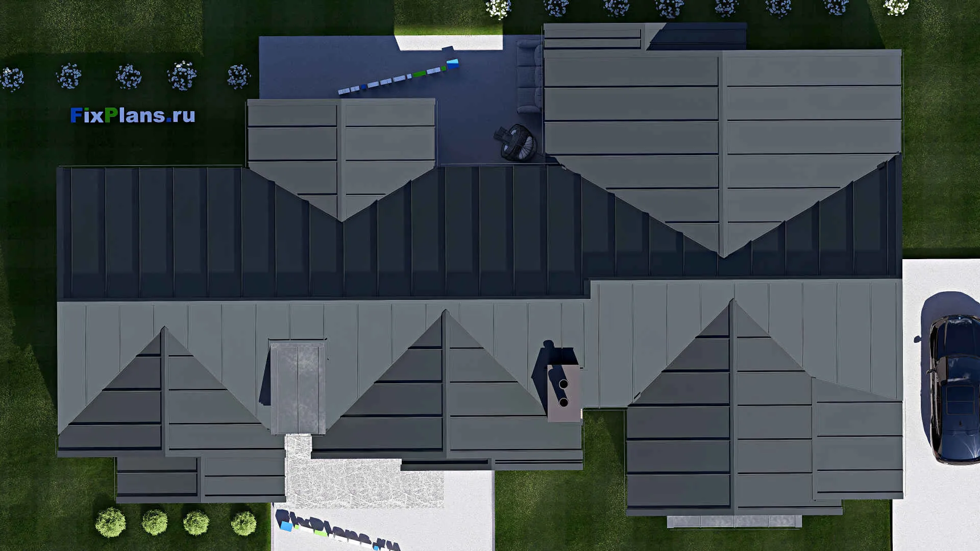 F-20672 - План одноэтажного дома 16 на 27, площадью 270 м² с террасой, гаражом на 2 машины и 3 спальнями